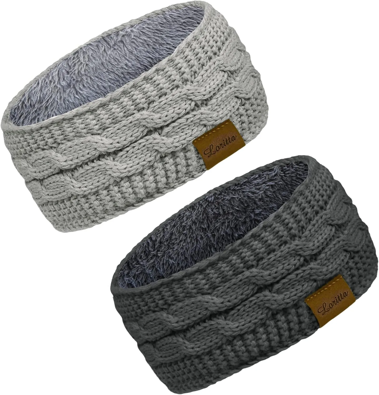Loritta 2 Pack Headbands for Women Winter Warm Cable Knit Ear Warmer Thick Head Wrap Fuzzy Fleece Lined Gifts