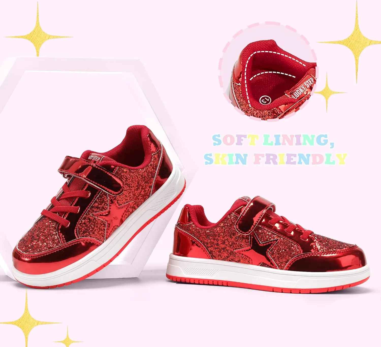 LUCKY STEP Kid's Glitter Walking Shoes Shiny Sparkly Sequins Fashion Sneakers Hook and Loop Athletic Unisex-Child Casual Running for Children/Boys/Girls