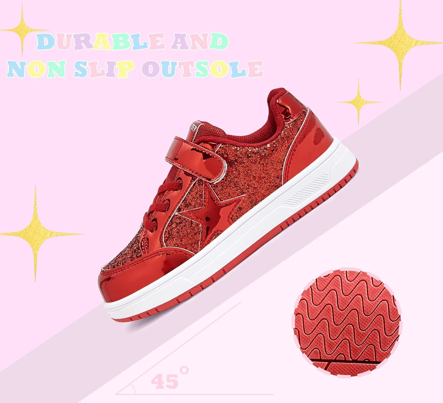 LUCKY STEP Kid's Glitter Walking Shoes Shiny Sparkly Sequins Fashion Sneakers Hook and Loop Athletic Unisex-Child Casual Running for Children/Boys/Girls