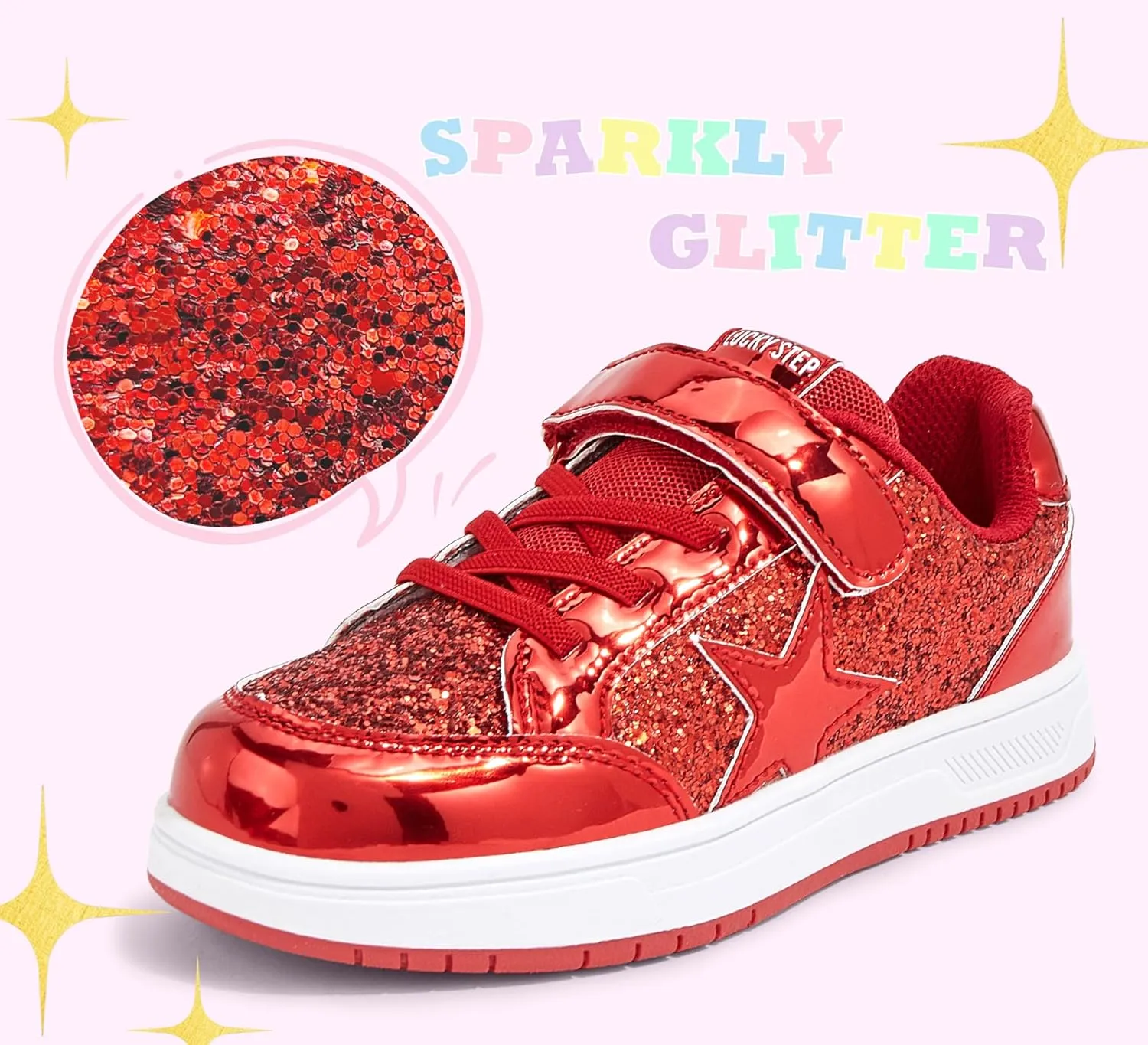 LUCKY STEP Kid's Glitter Walking Shoes Shiny Sparkly Sequins Fashion Sneakers Hook and Loop Athletic Unisex-Child Casual Running for Children/Boys/Girls