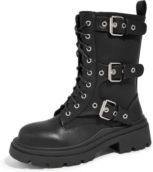 LUCKY STEP Women's Combat Boots-Platform Chunky Mid Calf Boots Ankle Booties Motorcycle Side Zipper Buckles Goth Booties