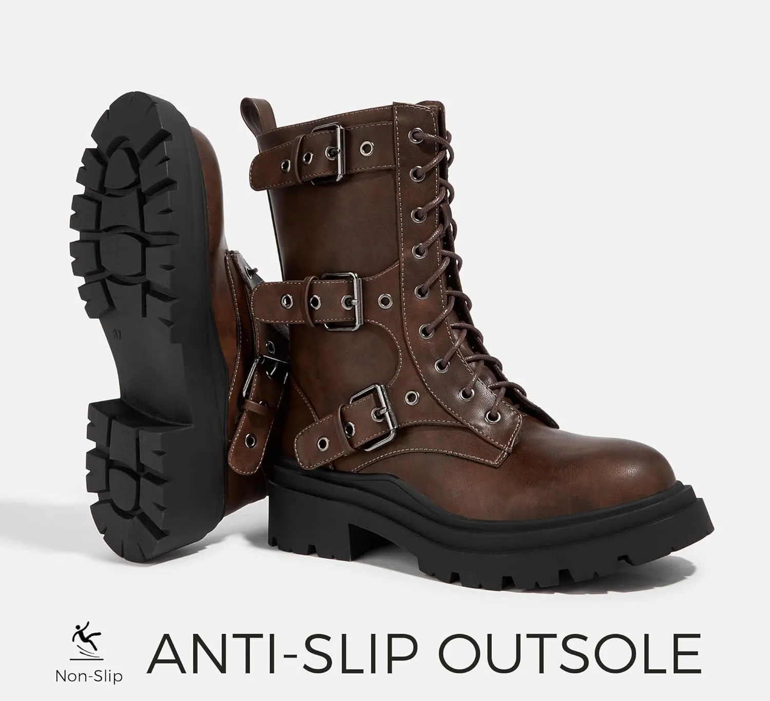LUCKY STEP Women's Combat Boots-Platform Chunky Mid Calf Boots Ankle Booties Motorcycle Side Zipper Buckles Goth Booties