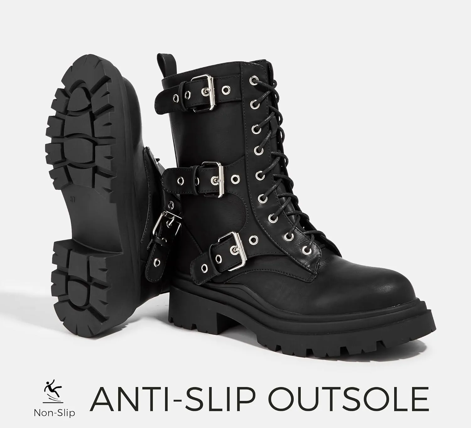 LUCKY STEP Women's Combat Boots-Platform Chunky Mid Calf Boots Ankle Booties Motorcycle Side Zipper Buckles Goth Booties