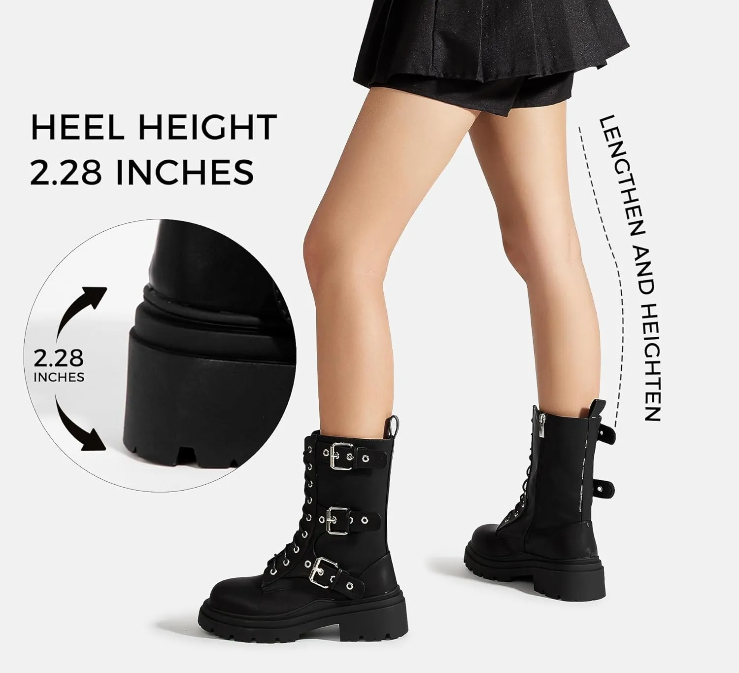 LUCKY STEP Women's Combat Boots-Platform Chunky Mid Calf Boots Ankle Booties Motorcycle Side Zipper Buckles Goth Booties