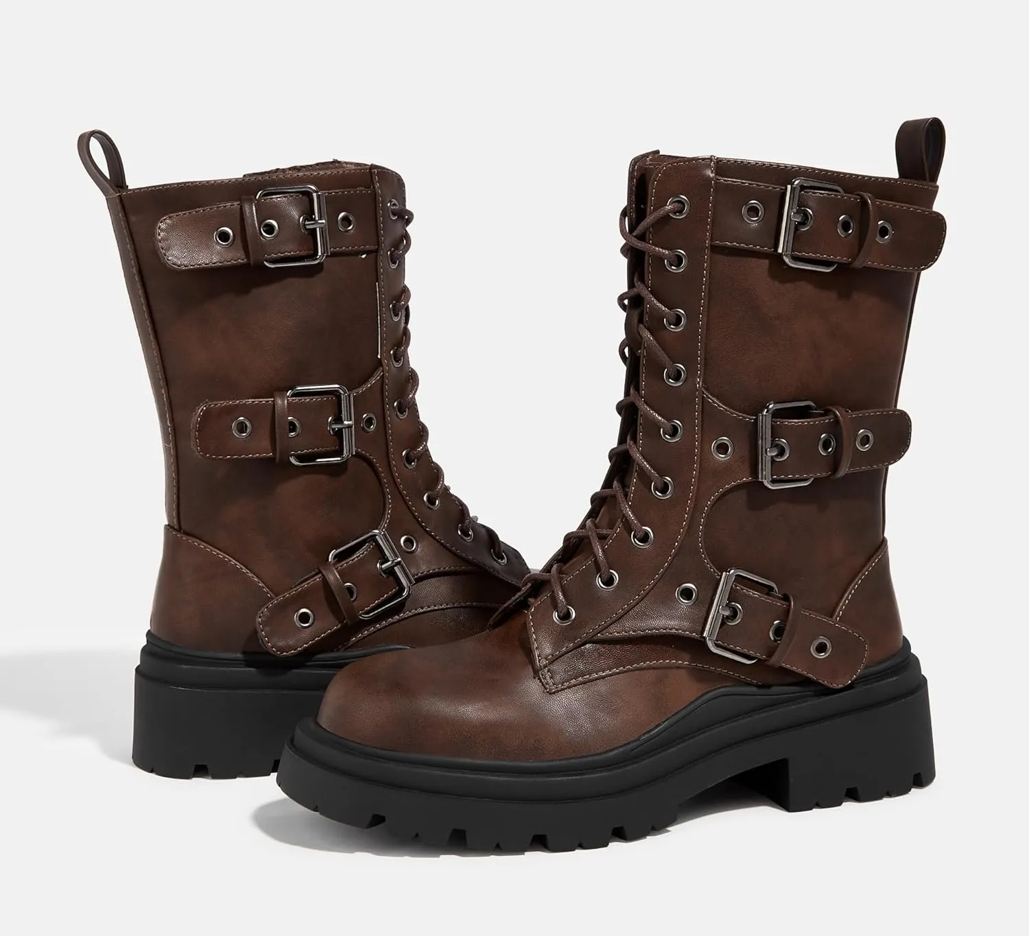 LUCKY STEP Women's Combat Boots-Platform Chunky Mid Calf Boots Ankle Booties Motorcycle Side Zipper Buckles Goth Booties