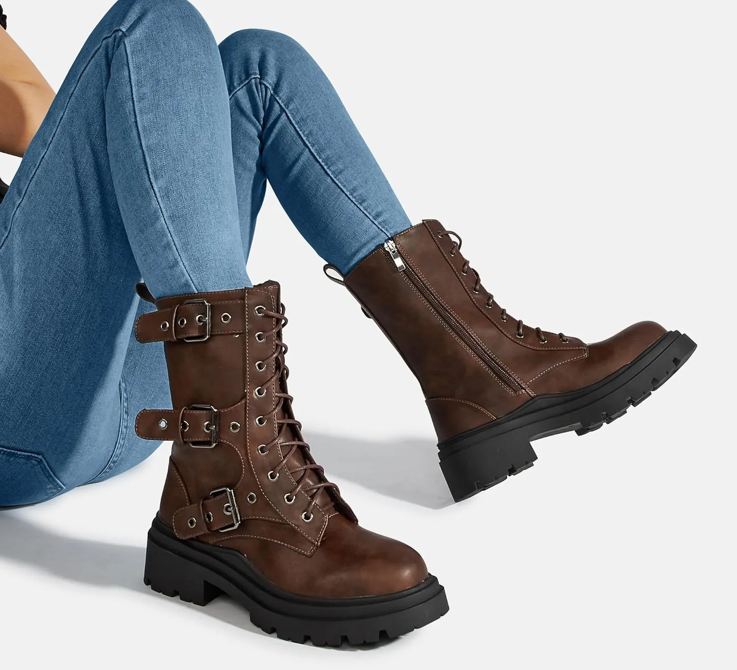 LUCKY STEP Women's Combat Boots-Platform Chunky Mid Calf Boots Ankle Booties Motorcycle Side Zipper Buckles Goth Booties