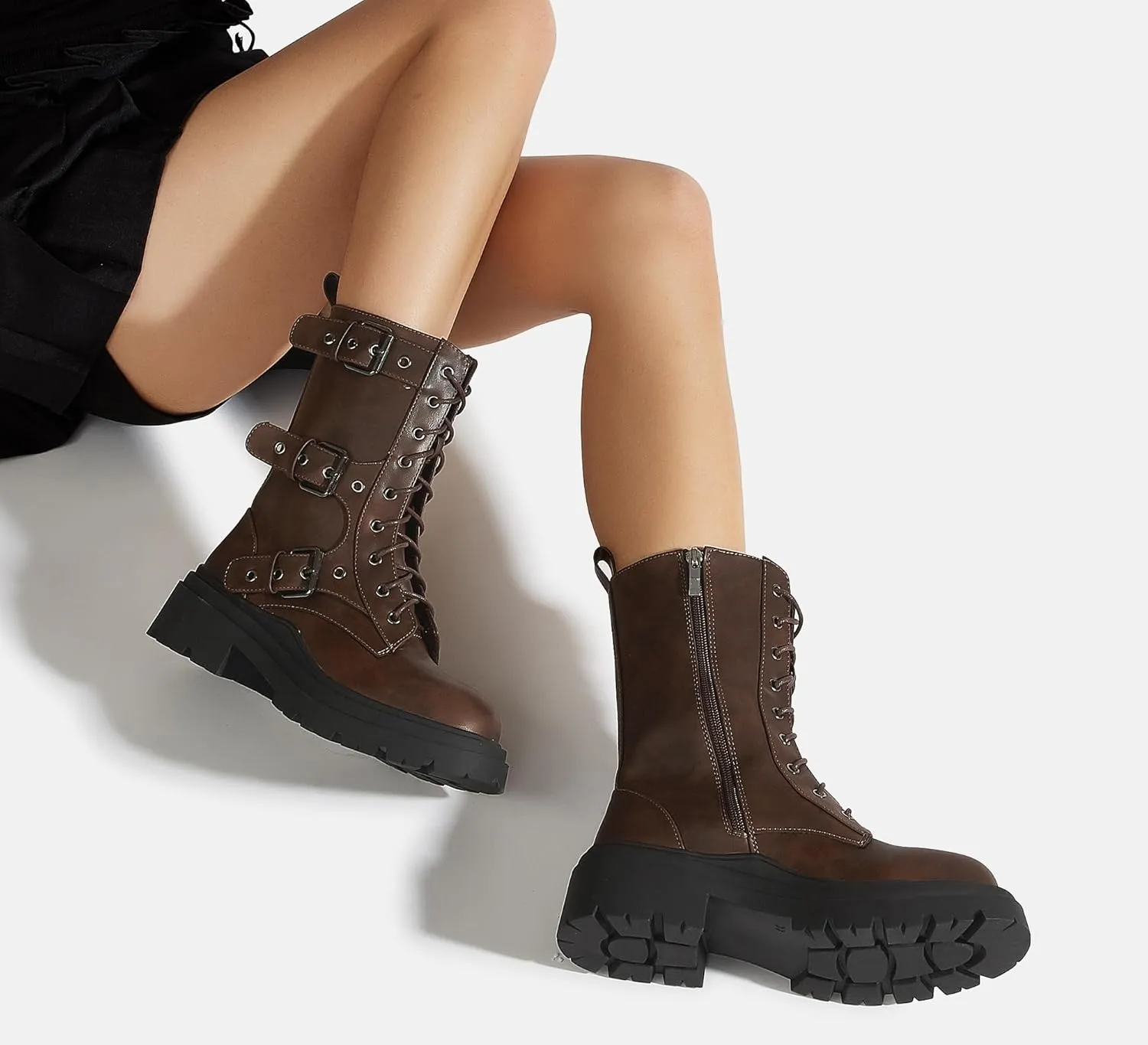 LUCKY STEP Women's Combat Boots-Platform Chunky Mid Calf Boots Ankle Booties Motorcycle Side Zipper Buckles Goth Booties