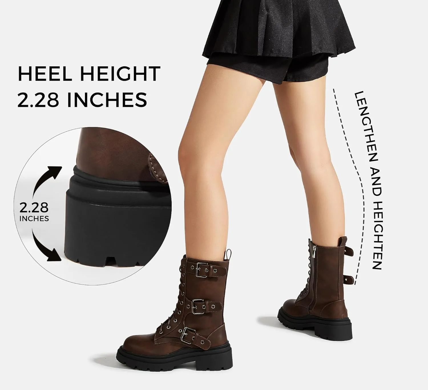 LUCKY STEP Women's Combat Boots-Platform Chunky Mid Calf Boots Ankle Booties Motorcycle Side Zipper Buckles Goth Booties