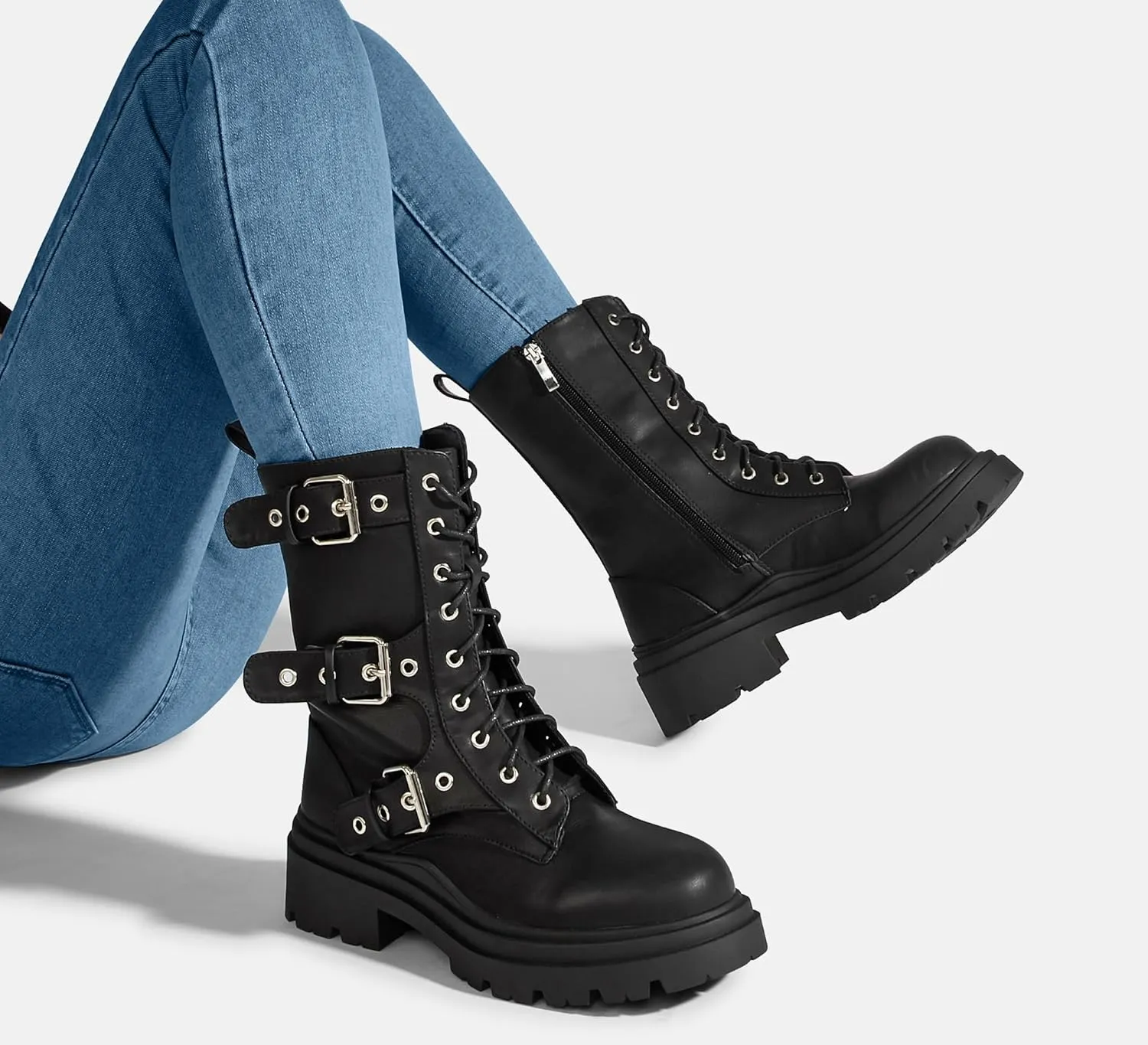 LUCKY STEP Women's Combat Boots-Platform Chunky Mid Calf Boots Ankle Booties Motorcycle Side Zipper Buckles Goth Booties