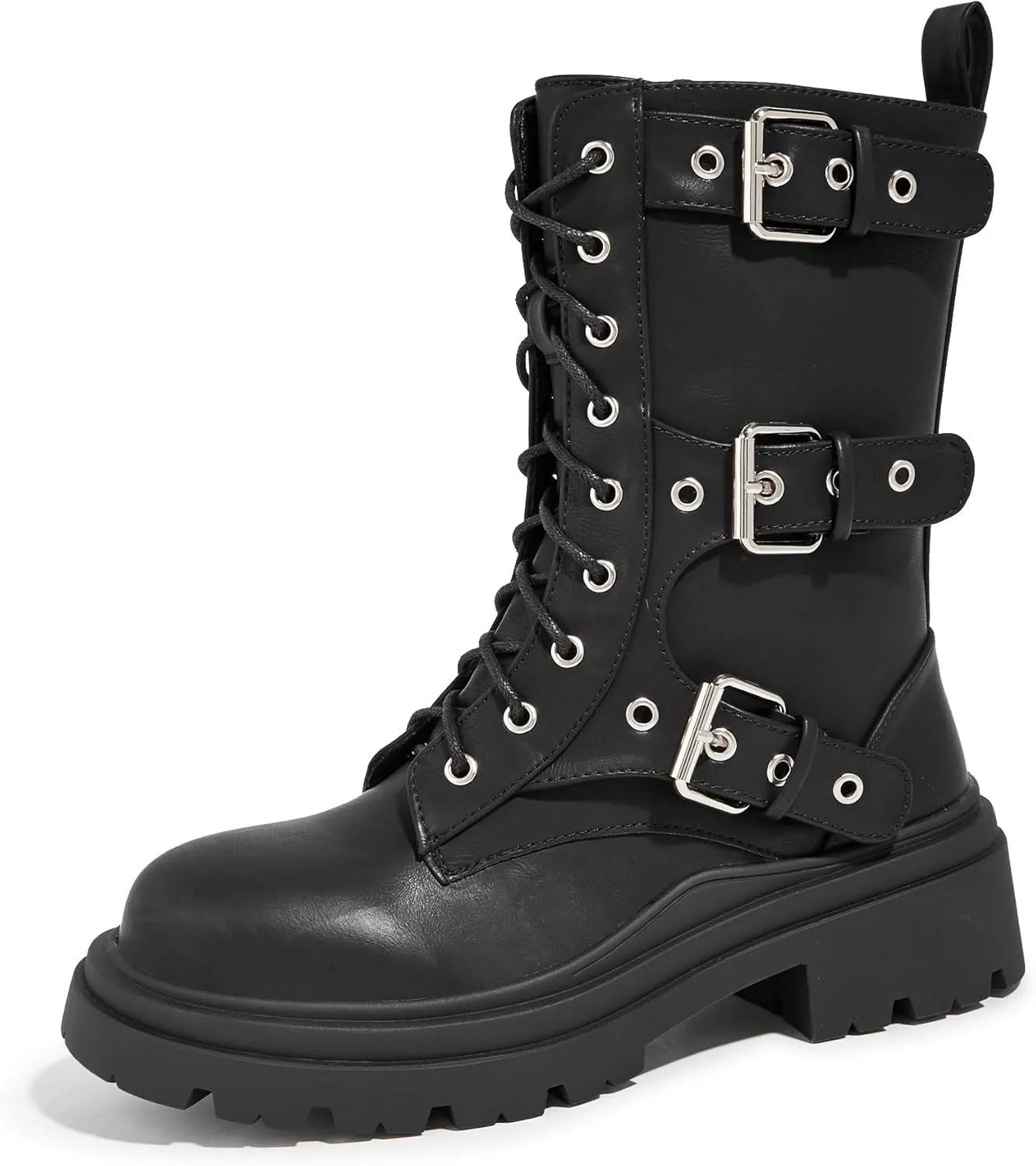 LUCKY STEP Women's Combat Boots-Platform Chunky Mid Calf Boots Ankle Booties Motorcycle Side Zipper Buckles Goth Booties