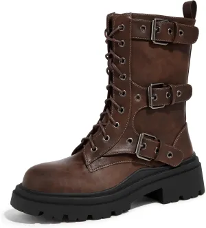LUCKY STEP Women's Combat Boots-Platform Chunky Mid Calf Boots Ankle Booties Motorcycle Side Zipper Buckles Goth Booties