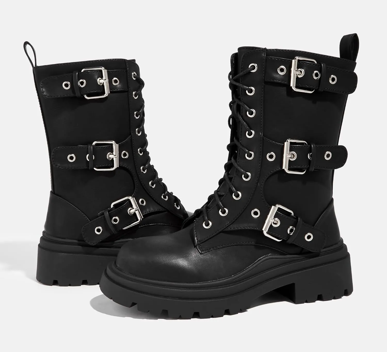 LUCKY STEP Women's Combat Boots-Platform Chunky Mid Calf Boots Ankle Booties Motorcycle Side Zipper Buckles Goth Booties