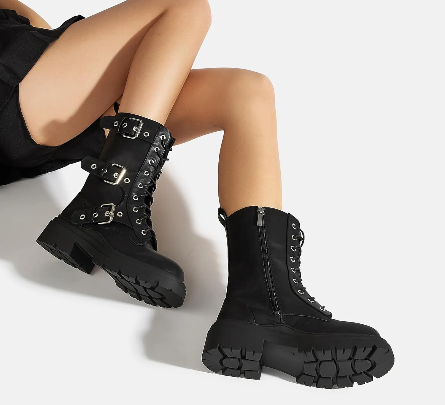 LUCKY STEP Women's Combat Boots-Platform Chunky Mid Calf Boots Ankle Booties Motorcycle Side Zipper Buckles Goth Booties