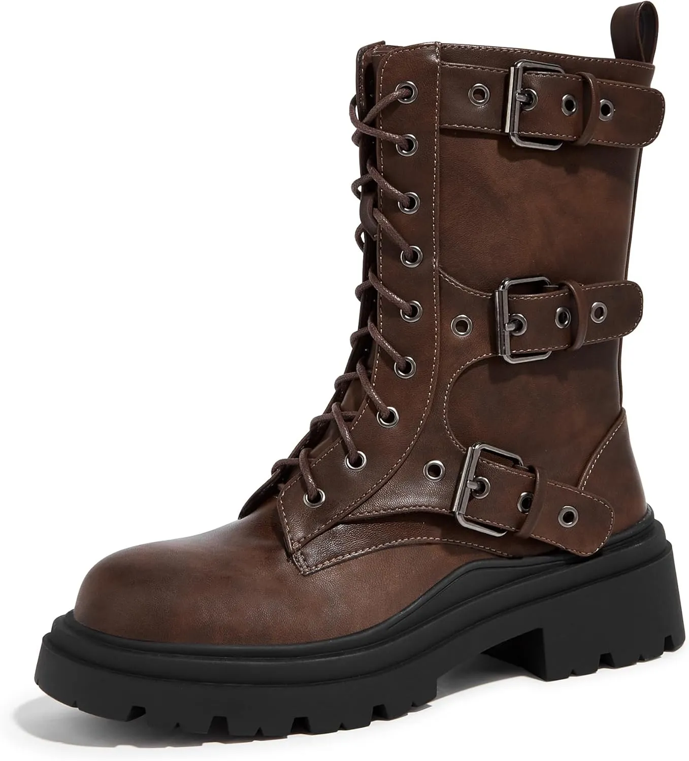 LUCKY STEP Women's Combat Boots-Platform Chunky Mid Calf Boots Ankle Booties Motorcycle Side Zipper Buckles Goth Booties