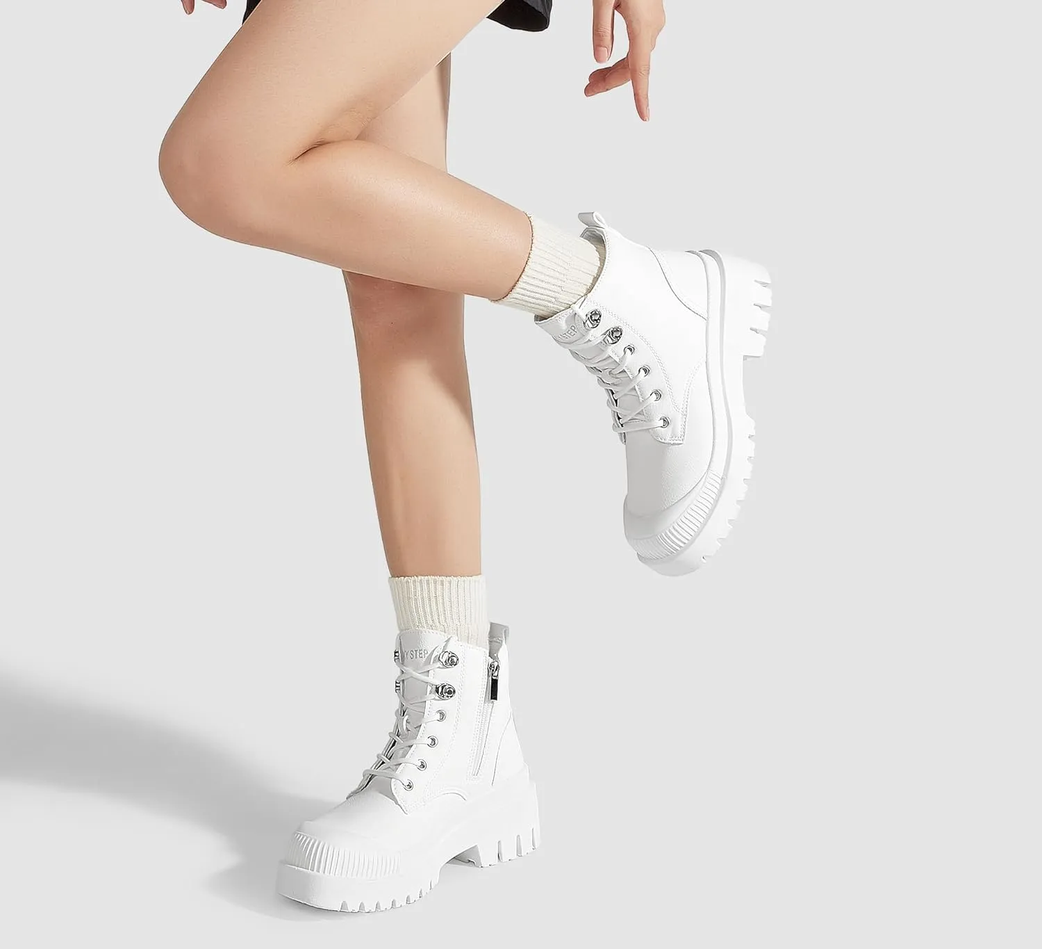 LUCKY STEP Women's Platform Ankle Boots Zipper Fashion Combat Thick Lug Sole Durable Chunky Wedge Booties Shoes