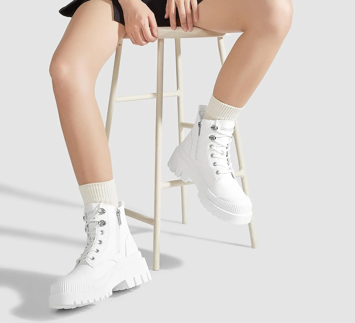 LUCKY STEP Women's Platform Ankle Boots Zipper Fashion Combat Thick Lug Sole Durable Chunky Wedge Booties Shoes