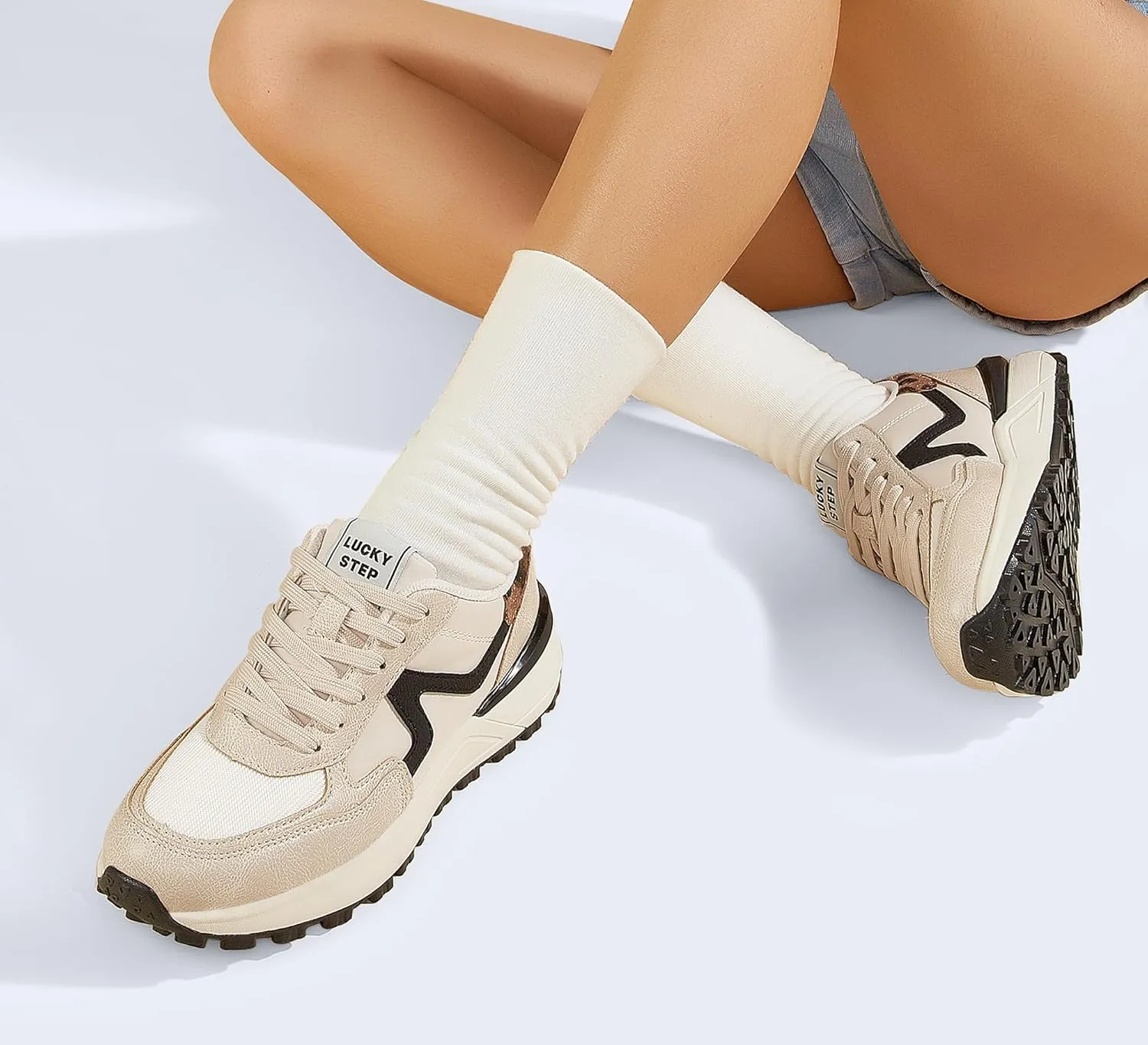 LUCKY STEP Women's Retro Fashion Casual Sneakers Colorblock Platform Classic Trendy Trainning Anti-Slip Tennis Travel Walking Shoes