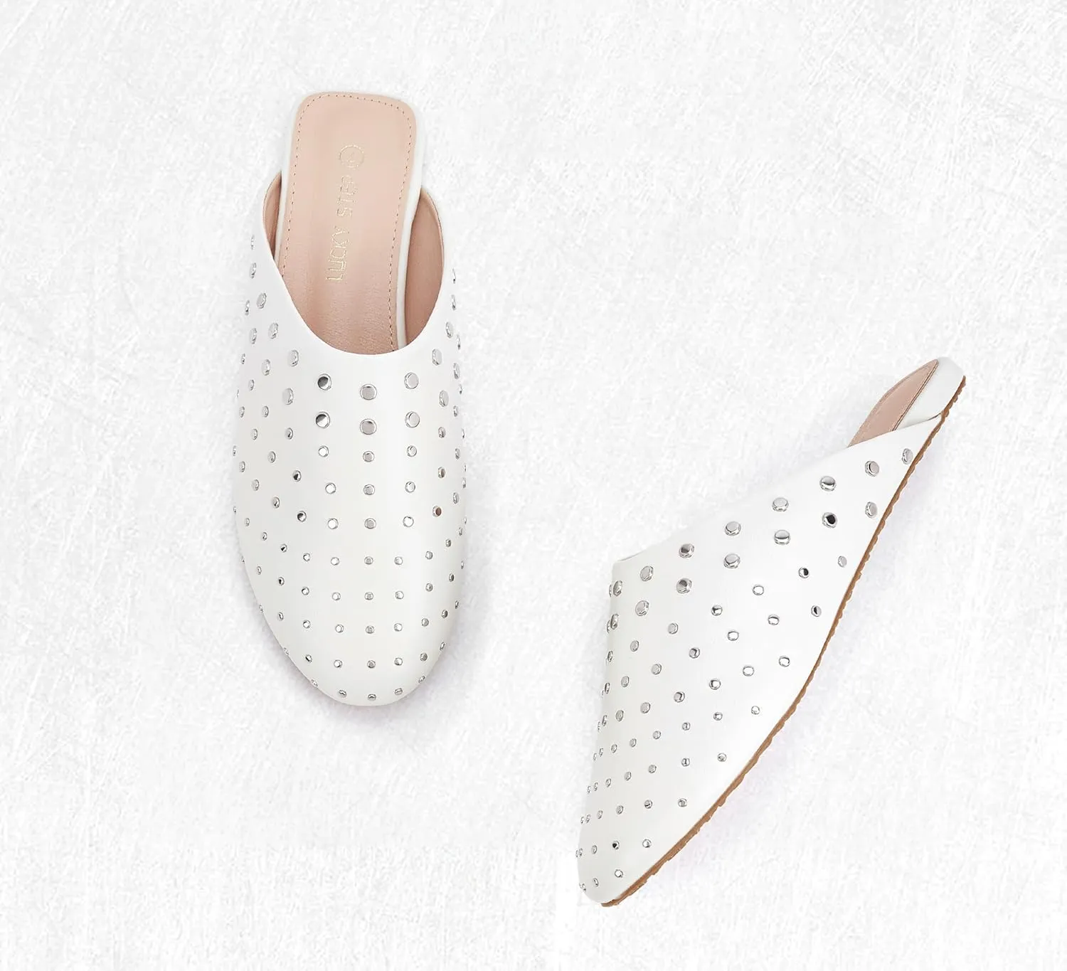 LUCKY STEP Women's Rivet Mules Flats Closed Toe Leather Fashion Slippers Sparkly Comfortable Backless Slip on Slides