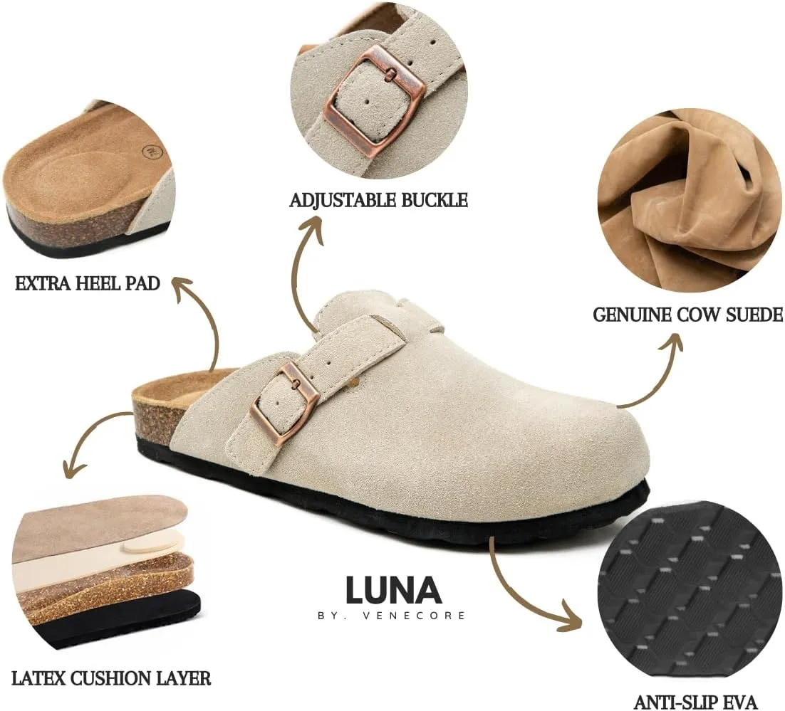 Luna Women's Suede Clogs Leather Mules Cork Footbed Sandals Potato Shoes with Arch Support