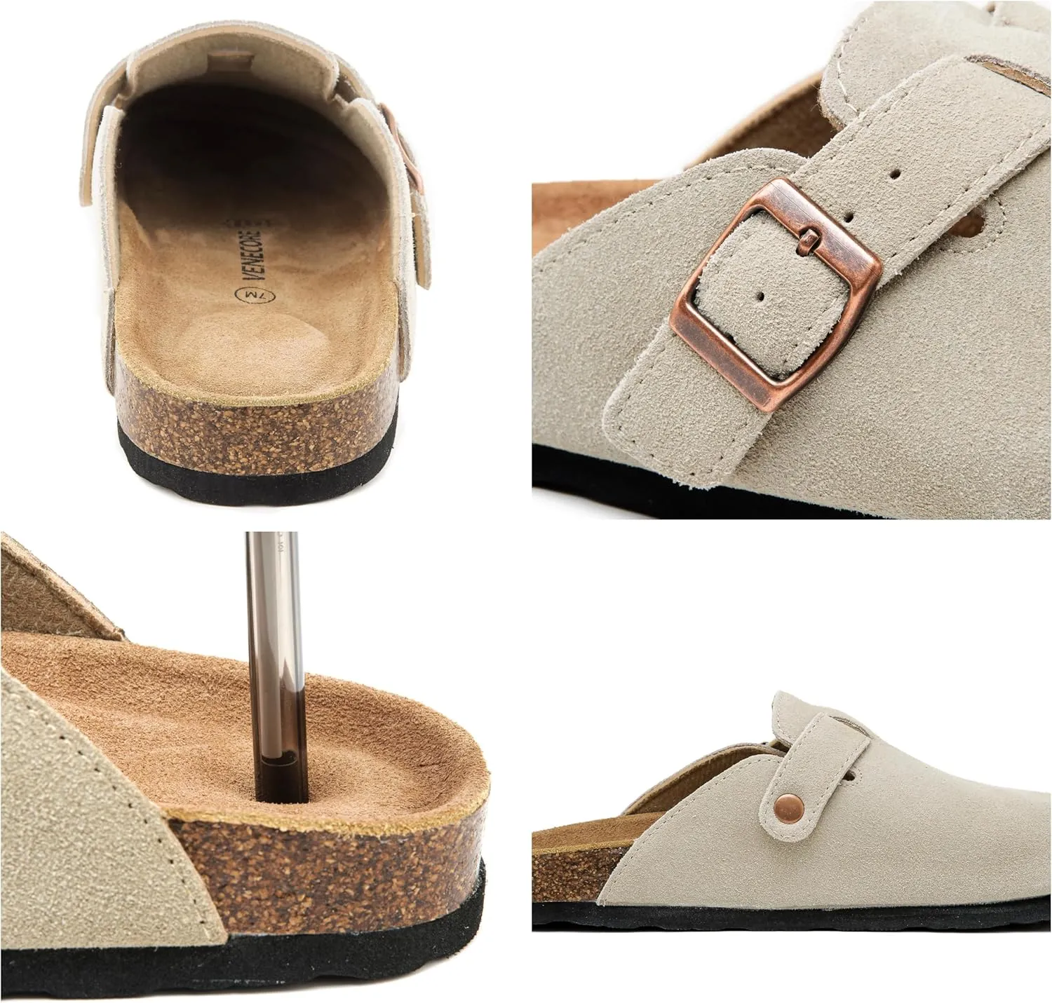 Luna Women's Suede Clogs Leather Mules Cork Footbed Sandals Potato Shoes with Arch Support