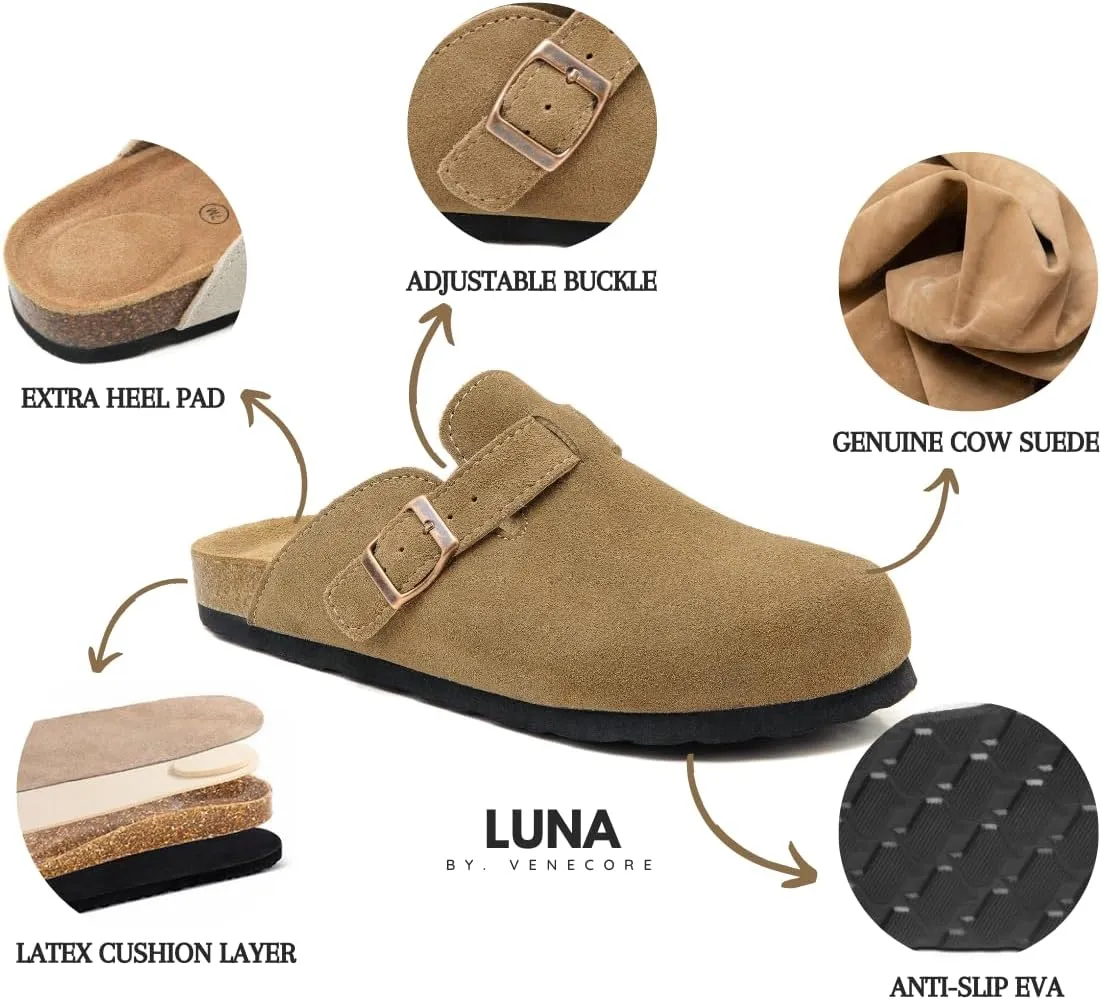 Luna Women's Suede Clogs Leather Mules Cork Footbed Sandals Potato Shoes with Arch Support