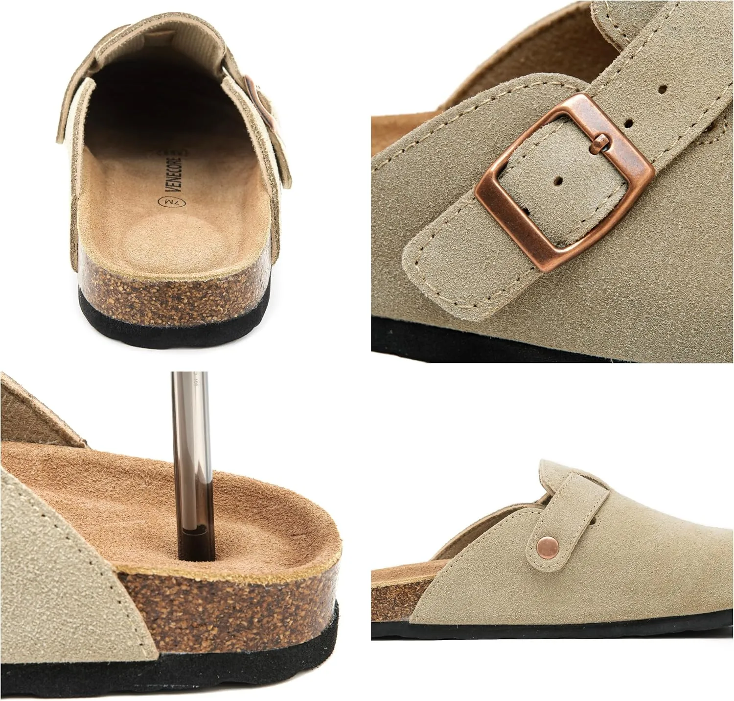 Luna Women's Suede Clogs Leather Mules Cork Footbed Sandals Potato Shoes with Arch Support