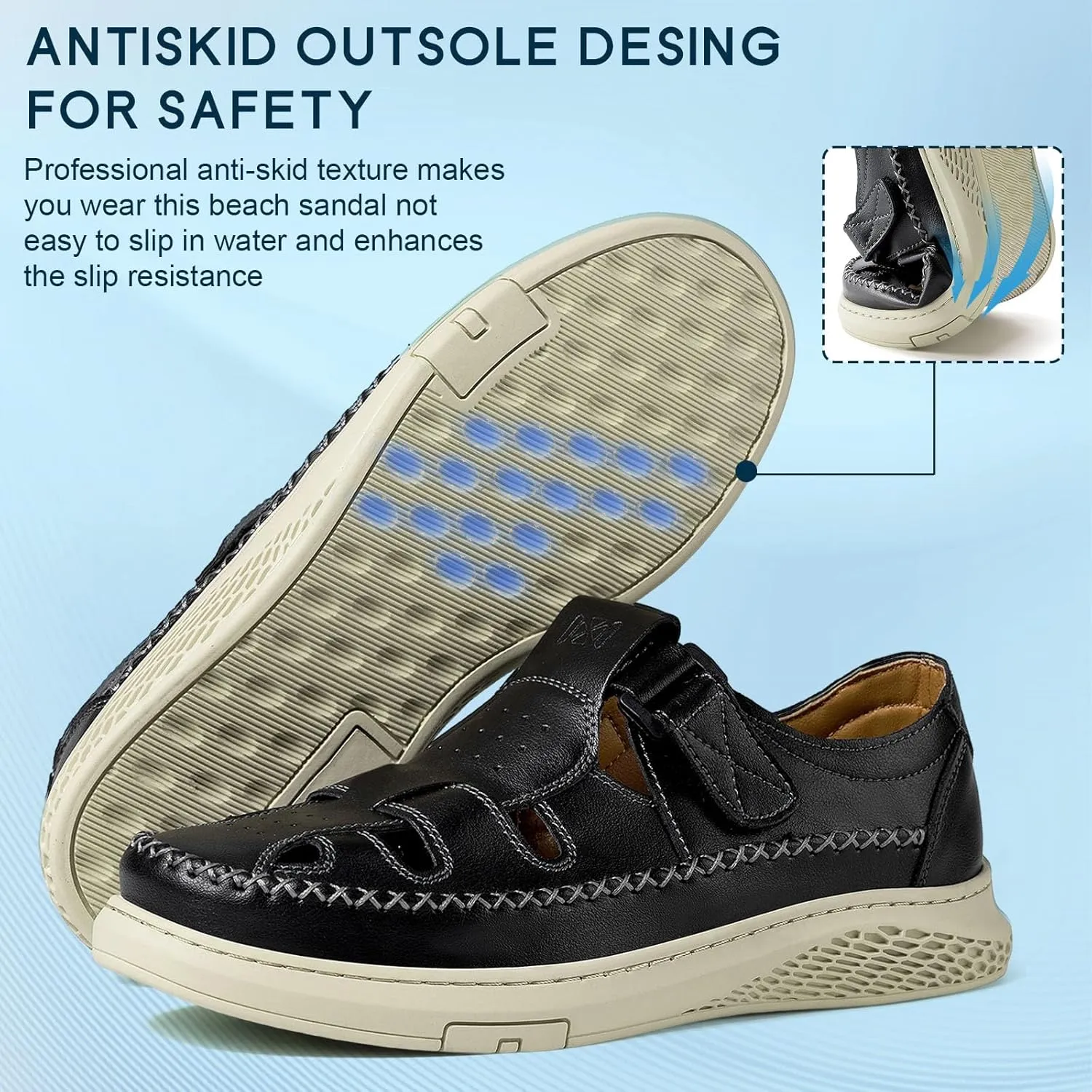 MAIZUN Men's Leather Sandals Outdoor Casual Closed Toe Sport Sandals Summer Fisherman Beach Shoes with Adjustable for Athletic Hiking Walking