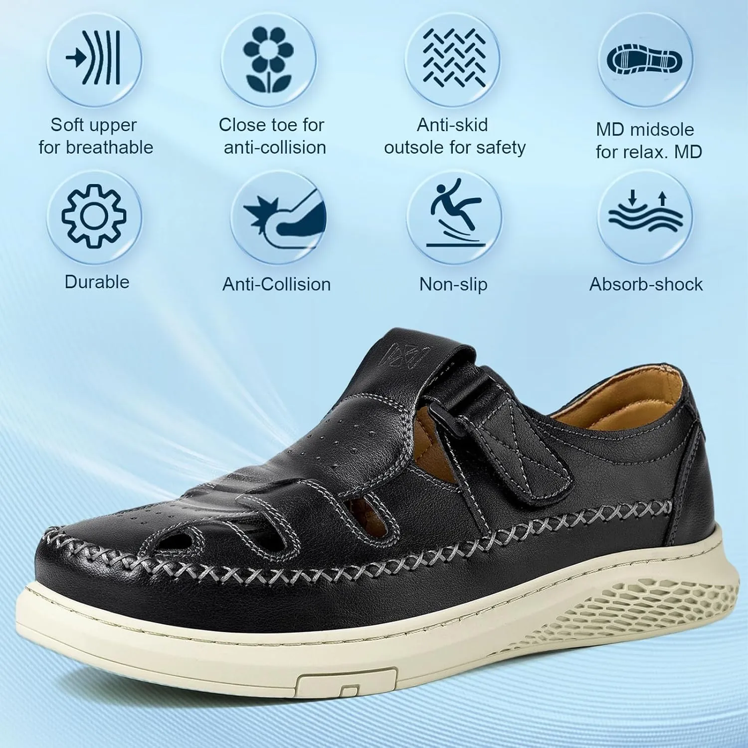 MAIZUN Men's Leather Sandals Outdoor Casual Closed Toe Sport Sandals Summer Fisherman Beach Shoes with Adjustable for Athletic Hiking Walking
