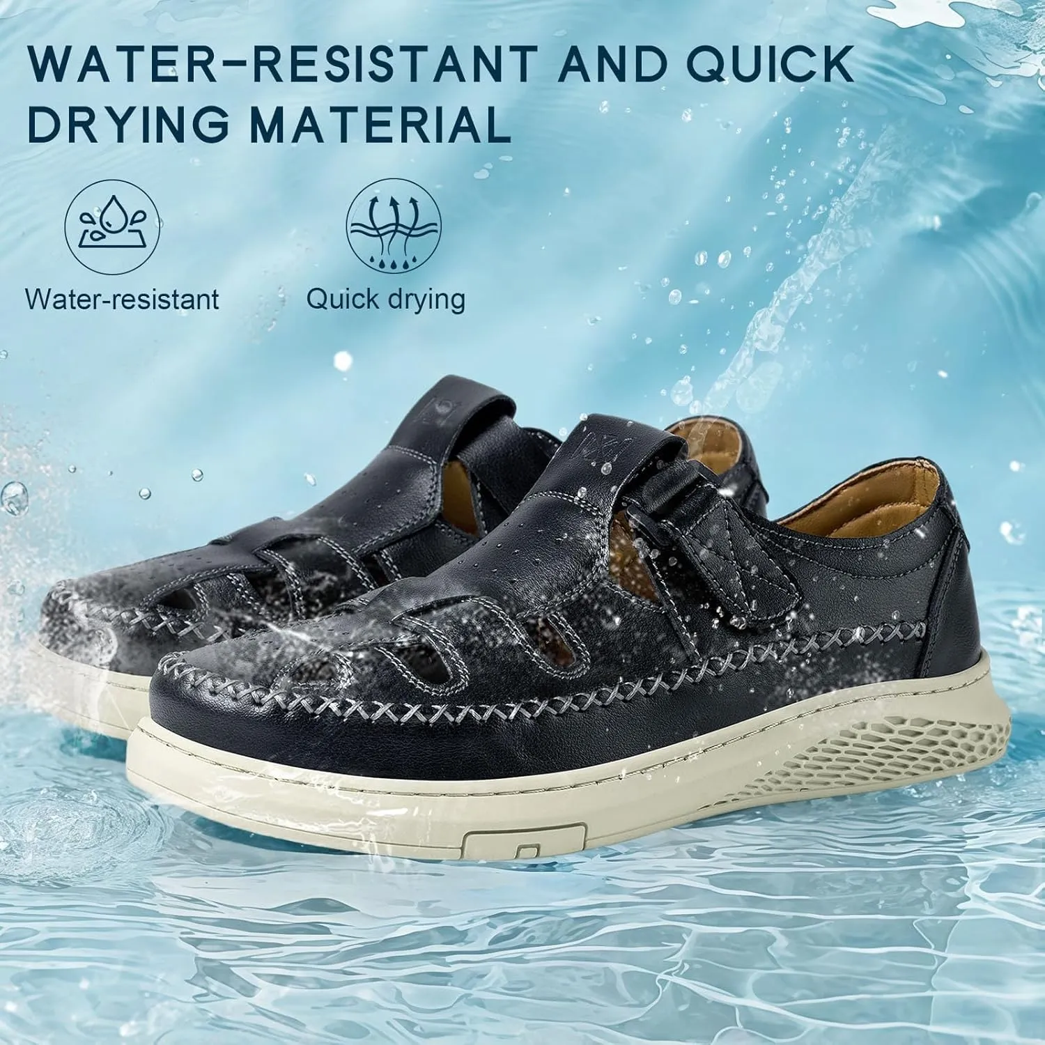 MAIZUN Men's Leather Sandals Outdoor Casual Closed Toe Sport Sandals Summer Fisherman Beach Shoes with Adjustable for Athletic Hiking Walking