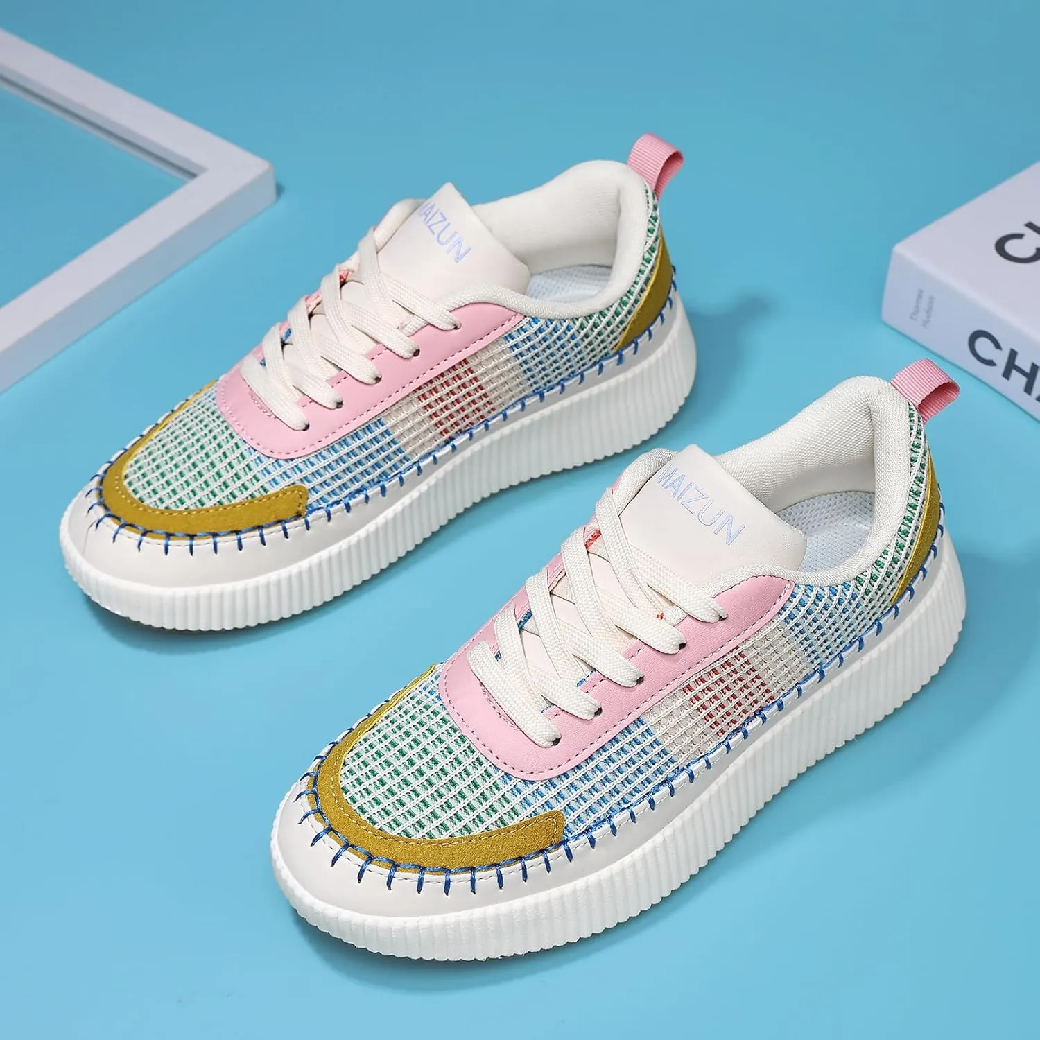 MAIZUN Women's Shoes Braided Walking Shoes Fashion Platform Sneaker Lace Up Comfortable Casual Sneakers