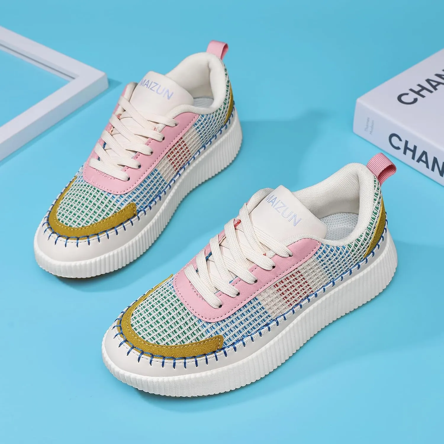 MAIZUN Women's Shoes Braided Walking Shoes Fashion Platform Sneaker Lace Up Comfortable Casual Sneakers