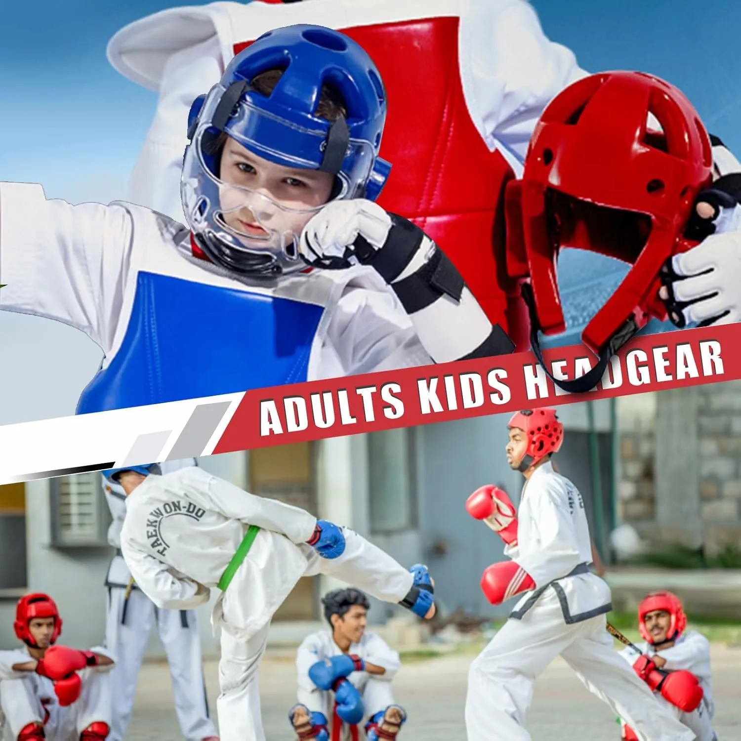 Martial Arts Karate Protective Sparring Gear Package Deal - Adjustable Adults & Kids Headgear, Gloves & Kicks for MMA, Taekwondo, Boxing Training