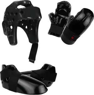 Martial Arts Karate Protective Sparring Gear Package Deal - Adjustable Adults & Kids Headgear, Gloves & Kicks for MMA, Taekwondo, Boxing Training