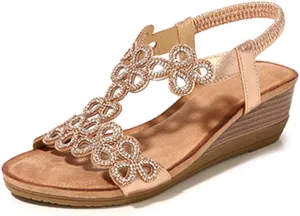 Meeshine Women's Wedge Sandals Summer Comfortable Casual Bohemian Beach Rhinestone Platform Shoes