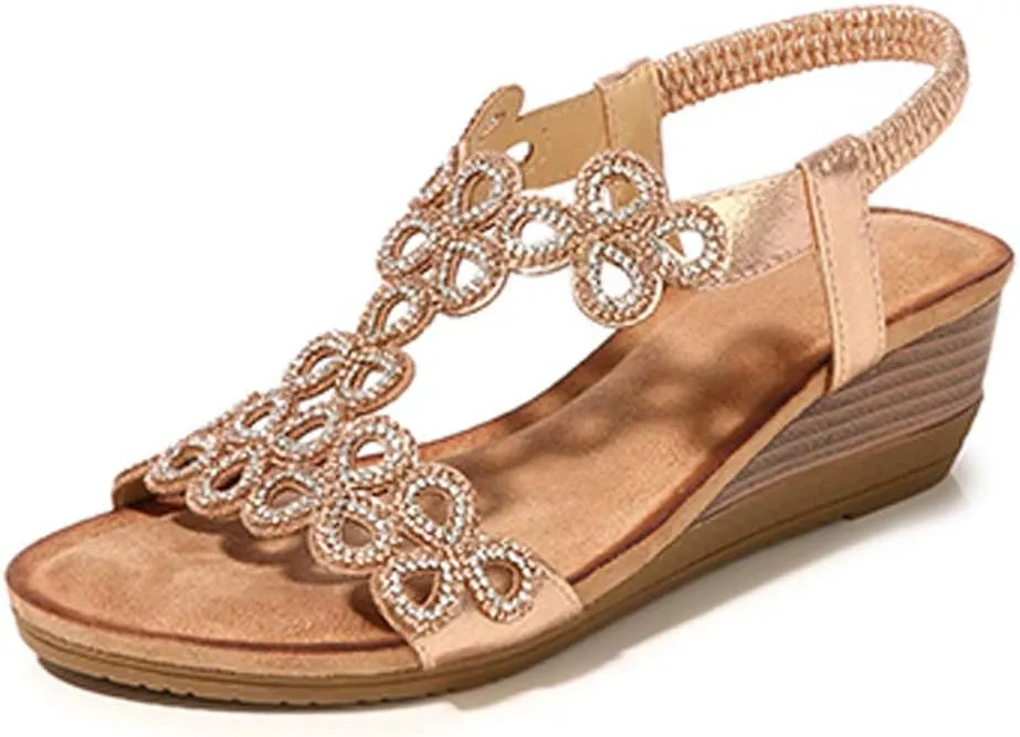 Meeshine Women's Wedge Sandals Summer Comfortable Casual Bohemian Beach Rhinestone Platform Shoes