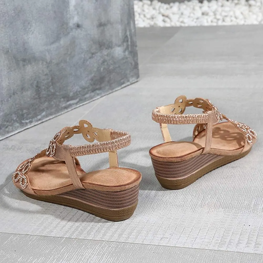 Meeshine Women's Wedge Sandals Summer Comfortable Casual Bohemian Beach Rhinestone Platform Shoes