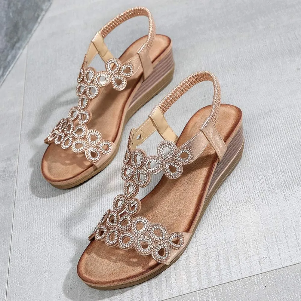 Meeshine Women's Wedge Sandals Summer Comfortable Casual Bohemian Beach Rhinestone Platform Shoes