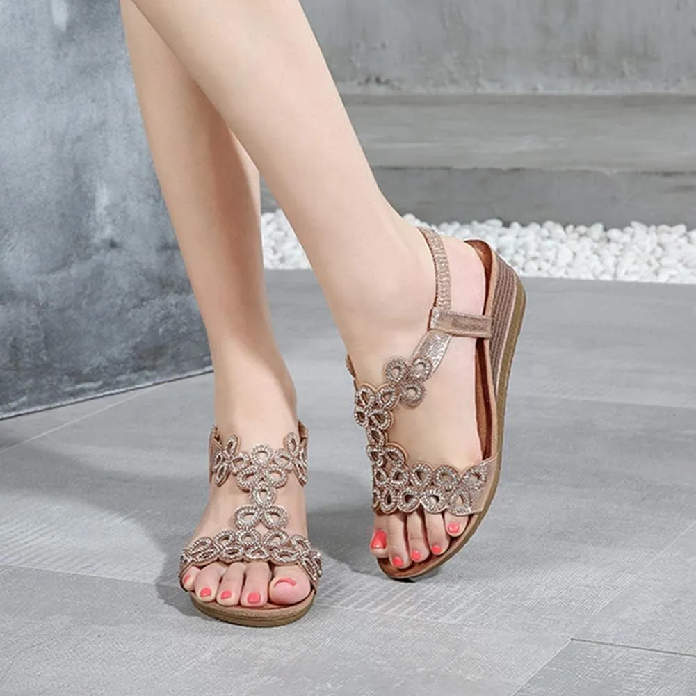 Meeshine Women's Wedge Sandals Summer Comfortable Casual Bohemian Beach Rhinestone Platform Shoes