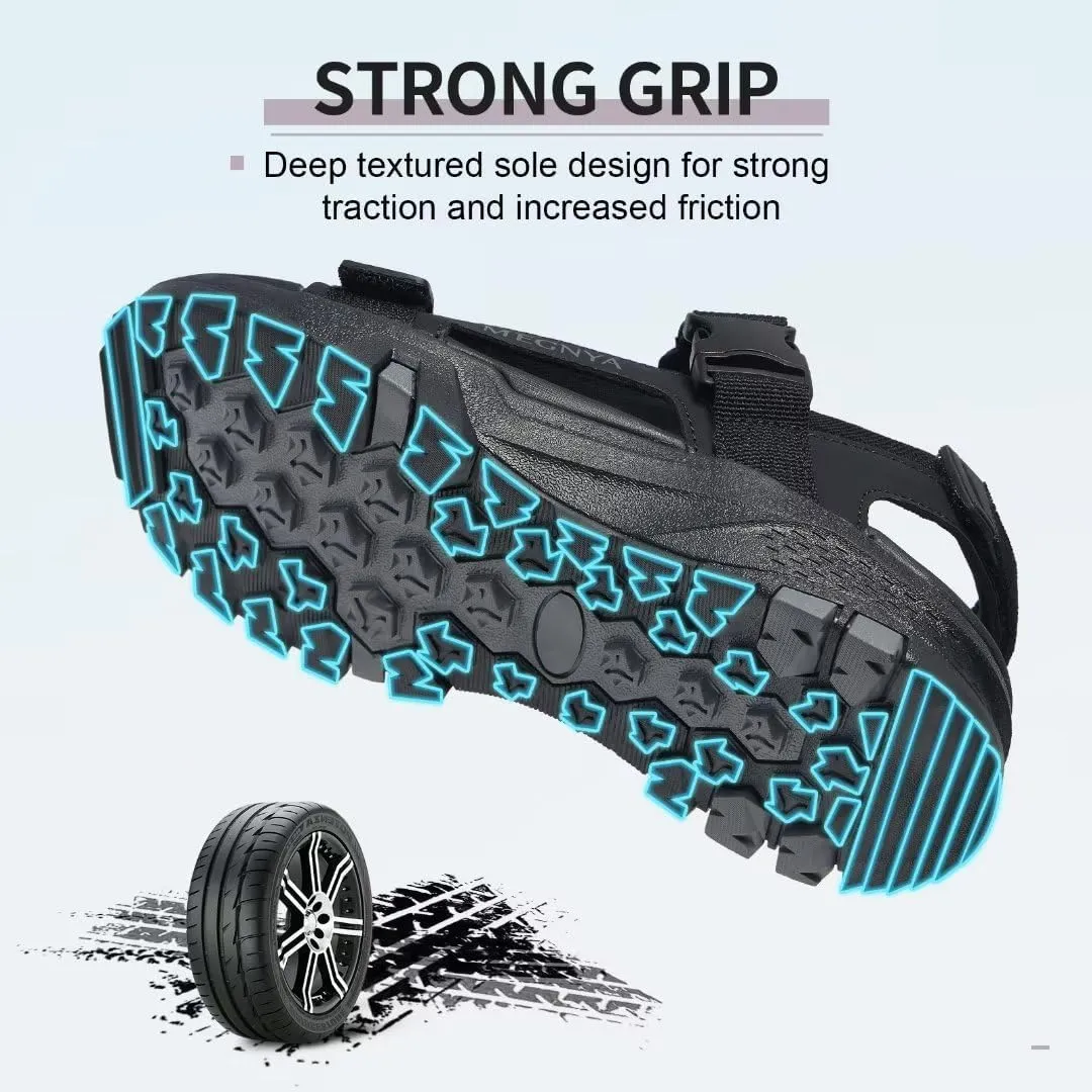 MEGNYA Mens Comfortable Walking Sandals, Soft Sports Hiking Sandals with Three Adjustable Hook And Loop Straps, Casual Beach Athletic Sandals for Outdoor Active Camping