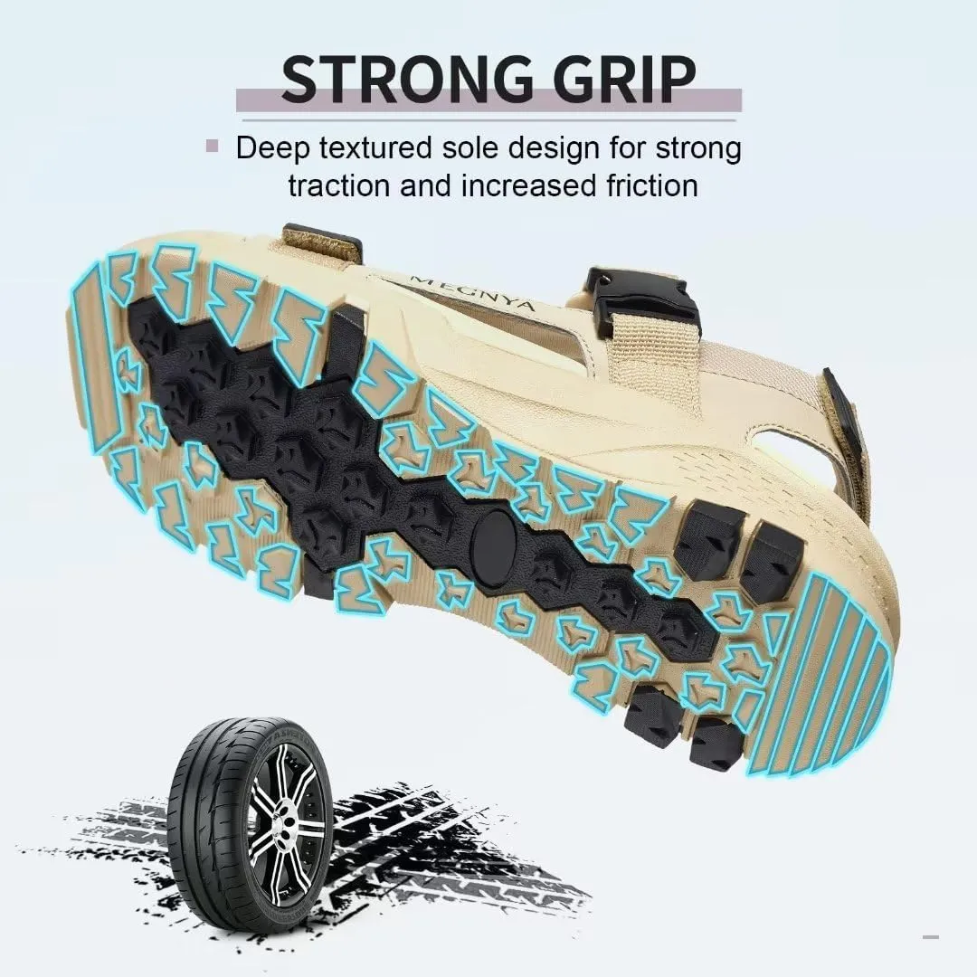 MEGNYA Mens Comfortable Walking Sandals, Soft Sports Hiking Sandals with Three Adjustable Hook And Loop Straps, Casual Beach Athletic Sandals for Outdoor Active Camping