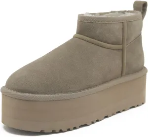 Mel&Syd 100% Australian Sheepskin Boots Womens - Upgraded Memory Foam Insole Waterproof Suede Ultra Mini Boots - Anti-Slip Comfy Winter Shearling Boots for Womens - Ankle Platform Snow Boots for Women