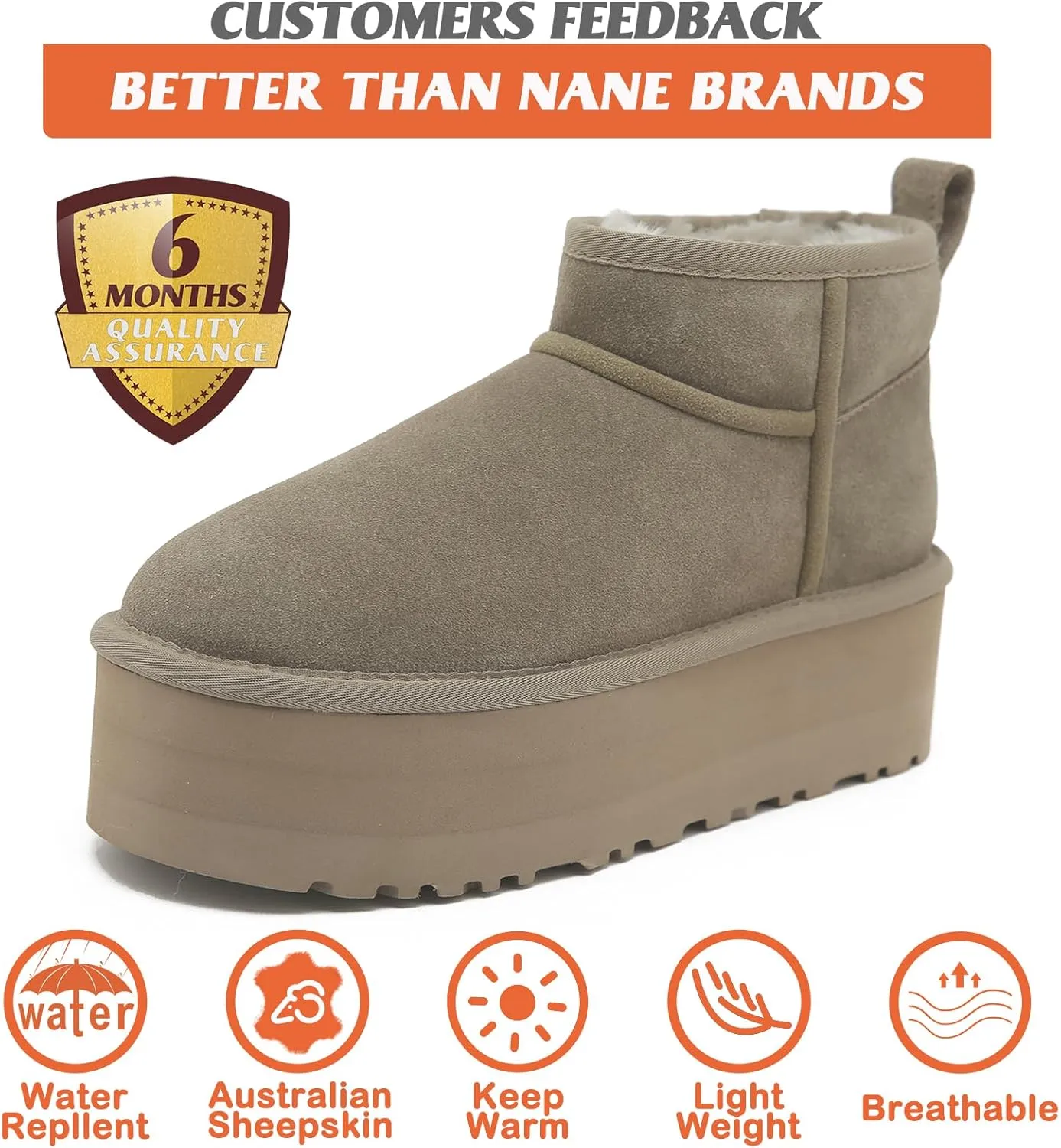Mel&Syd 100% Australian Sheepskin Boots Womens - Upgraded Memory Foam Insole Waterproof Suede Ultra Mini Boots - Anti-Slip Comfy Winter Shearling Boots for Womens - Ankle Platform Snow Boots for Women