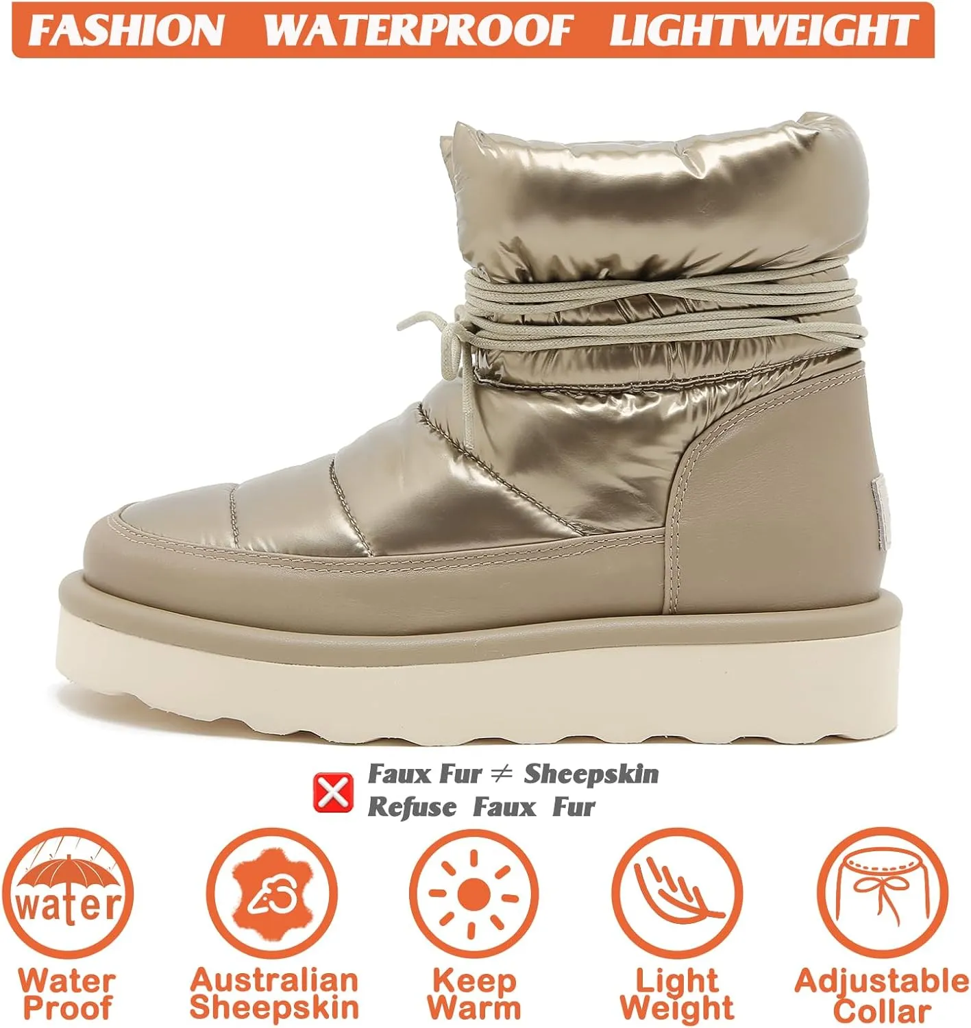 Mel&Syd 100% Australian Sheepskin Women Snow Boots - Waterproof Fur Lined Shearling Boots - Warm Insulated Lace Up Elastic Belt Mini Boots with Memory Foam Rubber Non-Slip Fashionable Walking Shoes