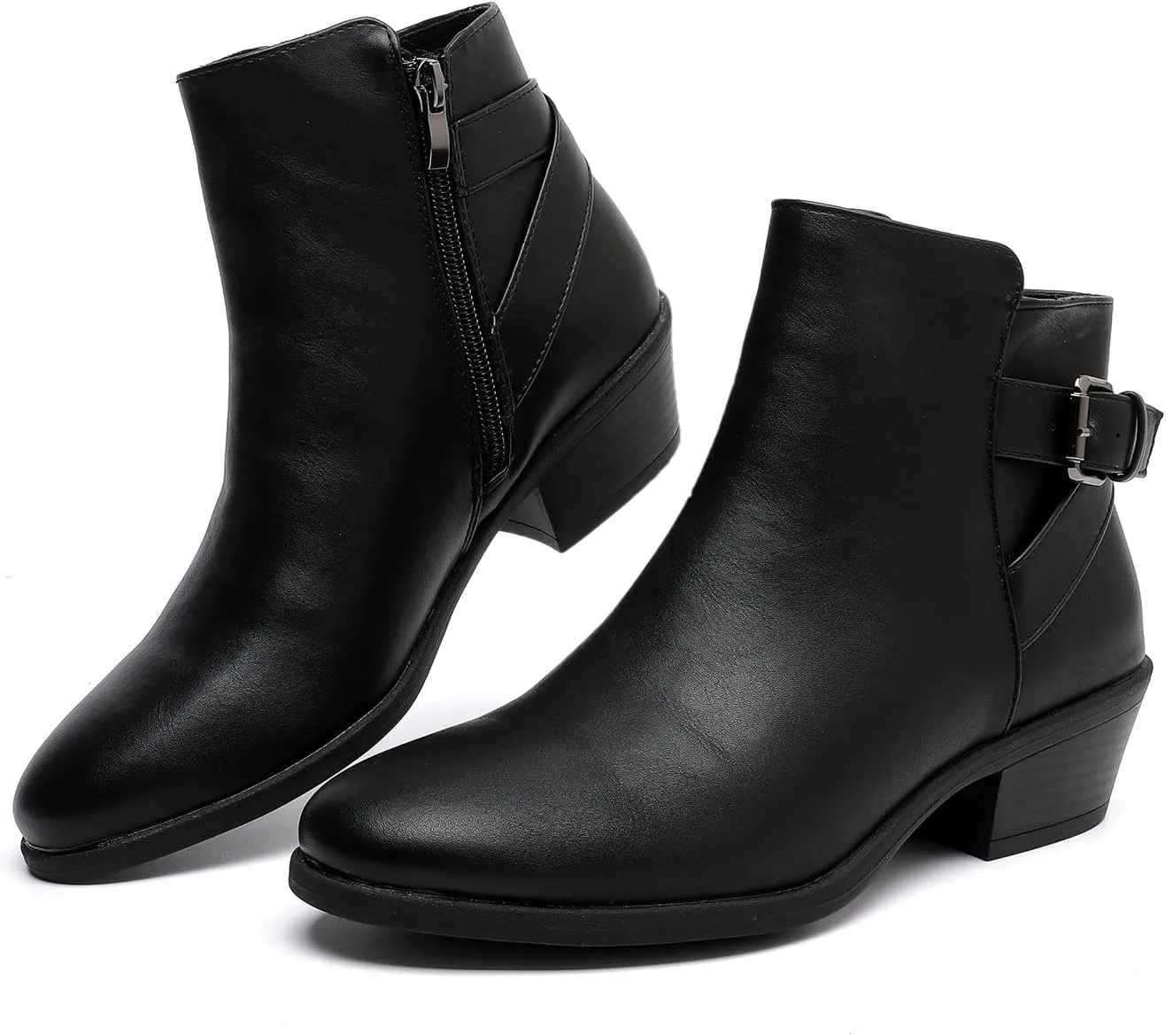 MEMON Women's Ankle Boots Casual Black Booties For Women Low Heel Side Zipper Dress Booties Fashion Thick Ankle Booties