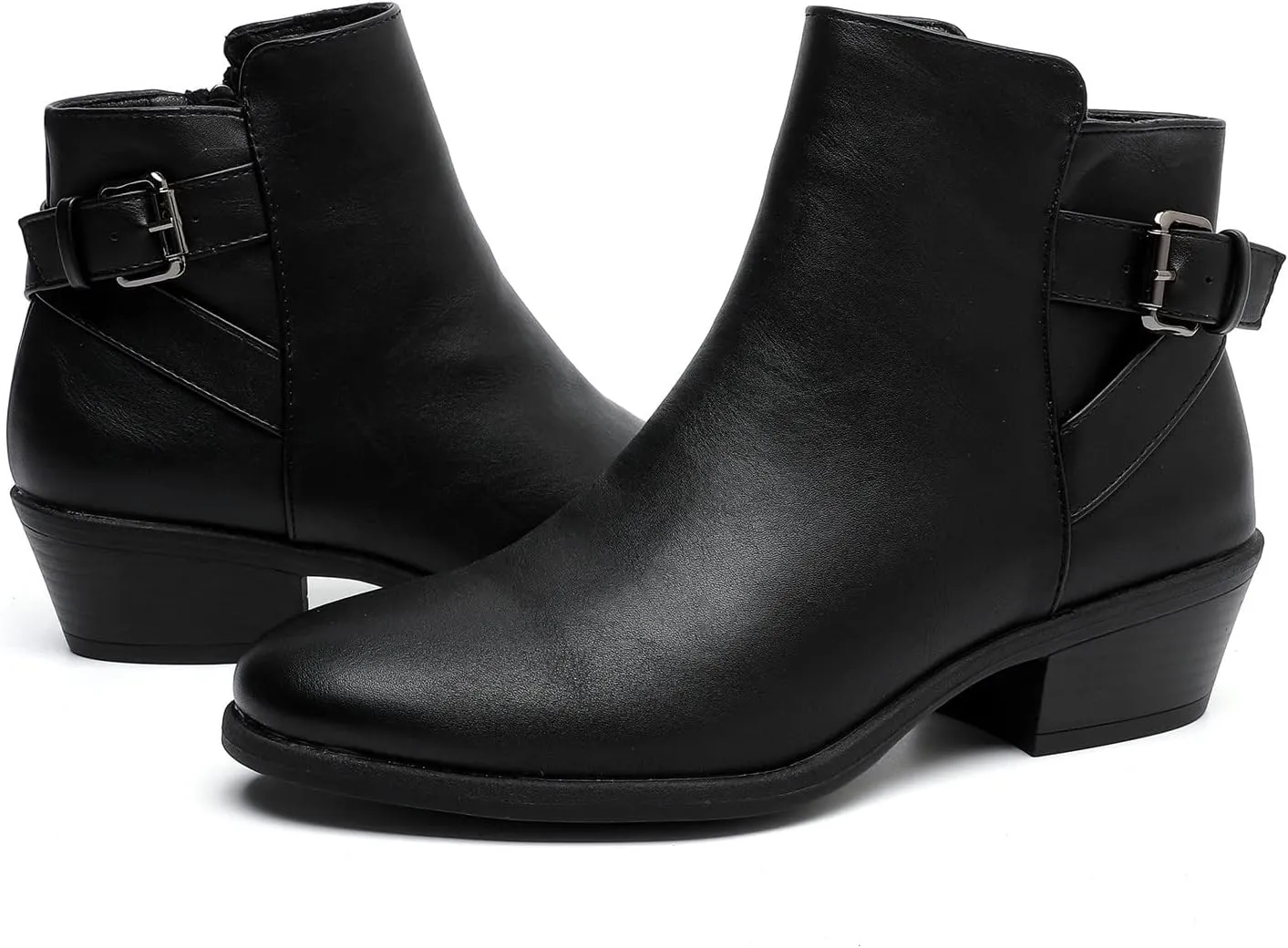 MEMON Women's Ankle Boots Casual Black Booties For Women Low Heel Side Zipper Dress Booties Fashion Thick Ankle Booties