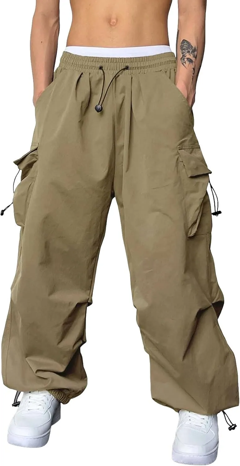 Men's Baggy Cargo Pants Trendy Casual Parachute Pants Cotton Stretch Loose Fit Harem Joggers with Pockets