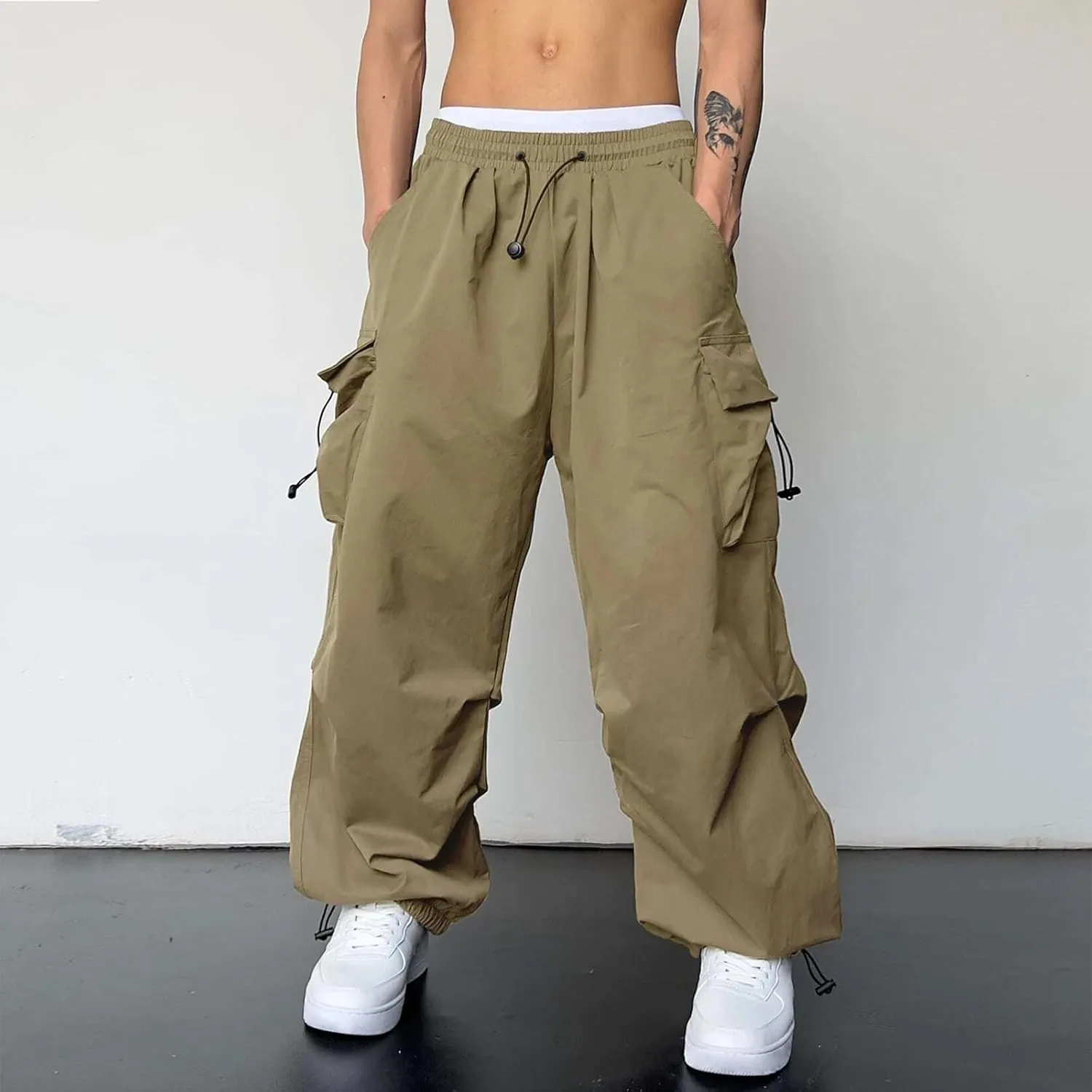 Men's Baggy Cargo Pants Trendy Casual Parachute Pants Cotton Stretch Loose Fit Harem Joggers with Pockets