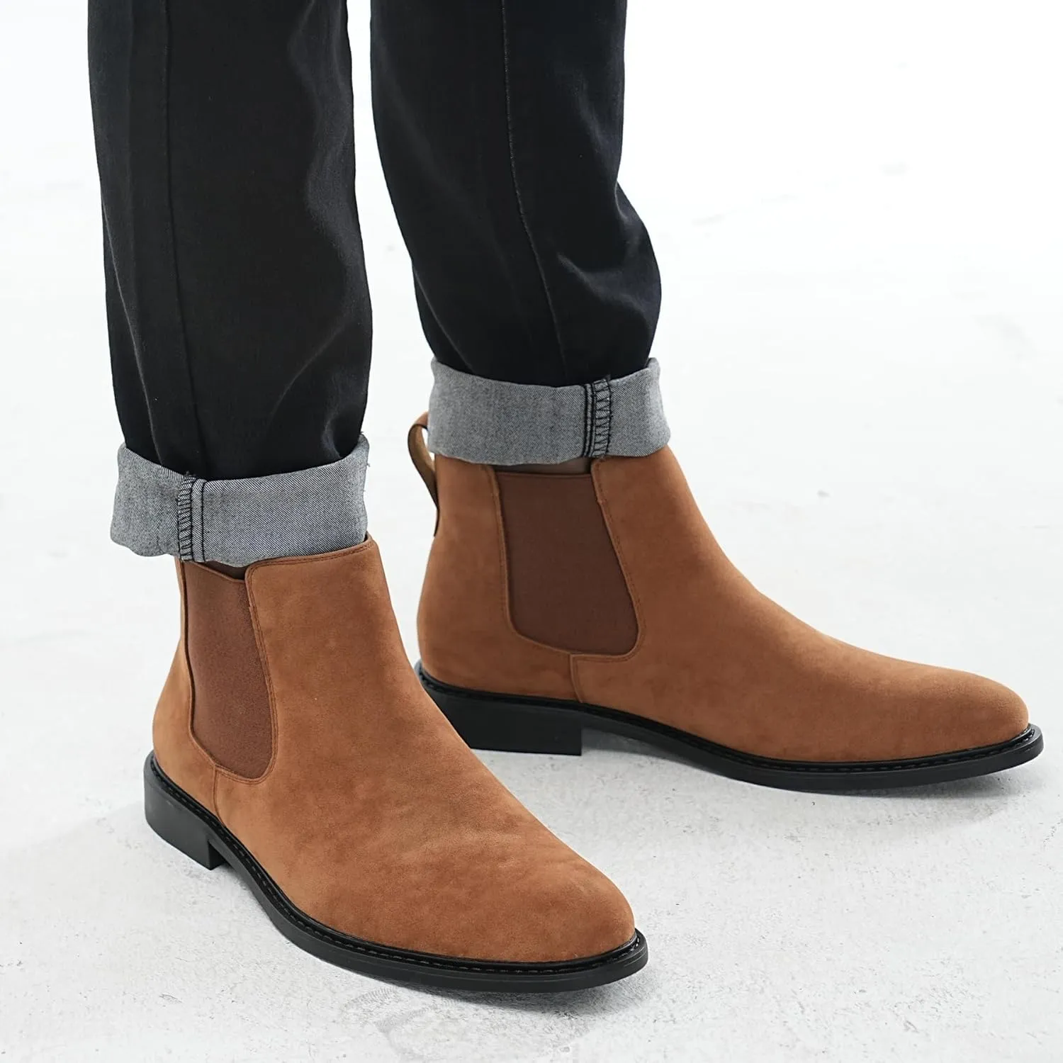 Mens Black Chelsea Boots - Classic PU Slip On Dress Boots with Side Elastic Panels - Comfort Low Heel Ankle Boots - Black 8.5