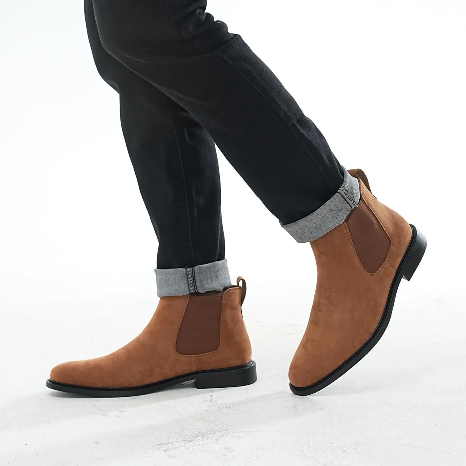 Mens Black Chelsea Boots - Classic PU Slip On Dress Boots with Side Elastic Panels - Comfort Low Heel Ankle Boots - Black 8.5