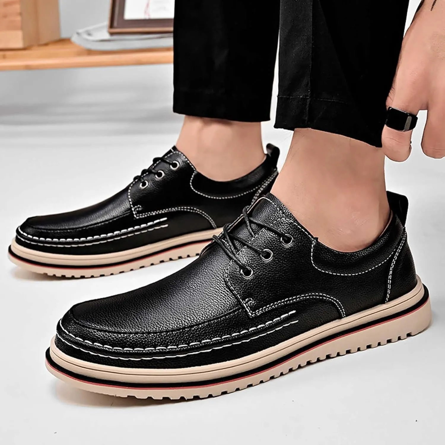 Men's Casual Loafers Non Slip Low Top Loafers Comfortable Walking Leather Sneakers Mens Flat Dress Shoes Supple Business Formal Shoes for Men Daily Work Shoe Durable Sole